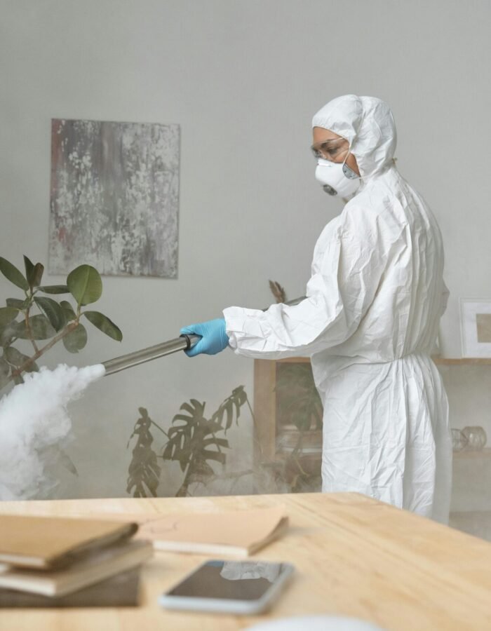 A person in protective gear fumigating a room with indoor plants and furniture, ensuring cleanliness.